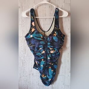 Delimira Floral One-Piece Swimsuit 1/4 Zip Women's Size 16 Plus Colorful